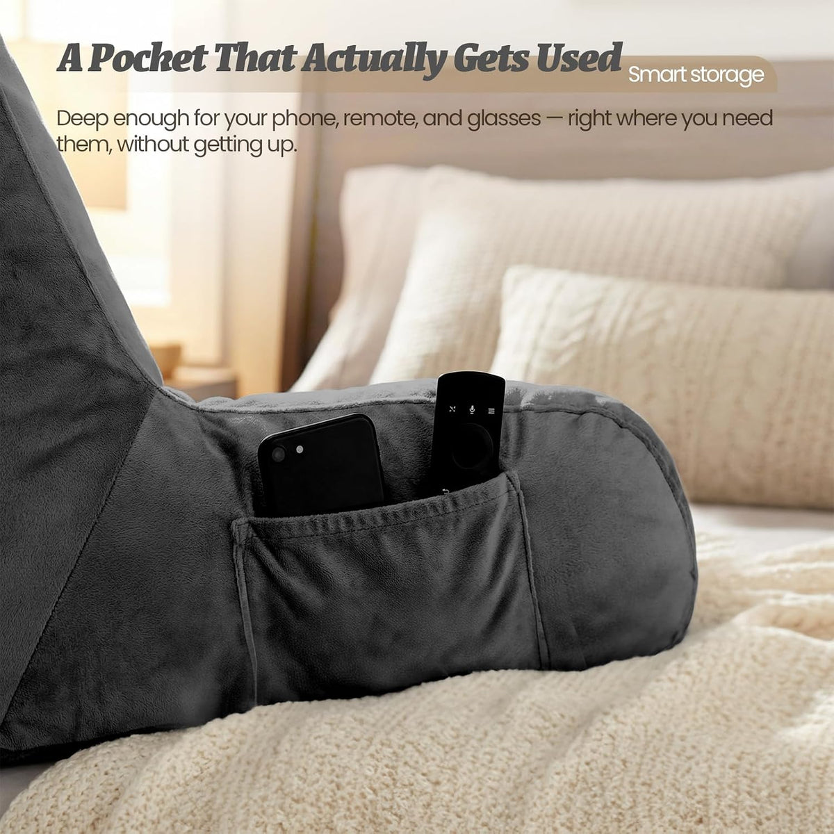 ACH Reading Pillow with Arms for Adults - Adjustable Memory Foam Bed Rest Pillow, Lumbar & Neck Back Support, Soft Velvet Cover Machine Washable, Deep Side Pocket & Carry Handle, Grey