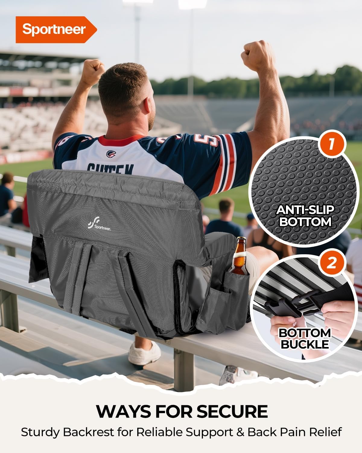 Sportneer Stadium Seats with Back Support: 2.5'' Thick Comfy Cushion 6 Adjustable Angle Bleacher Seat with Armrest - 2 Large Pockets, 2 Cup Holders Stadium Chair for Sport Events Concerts Parks