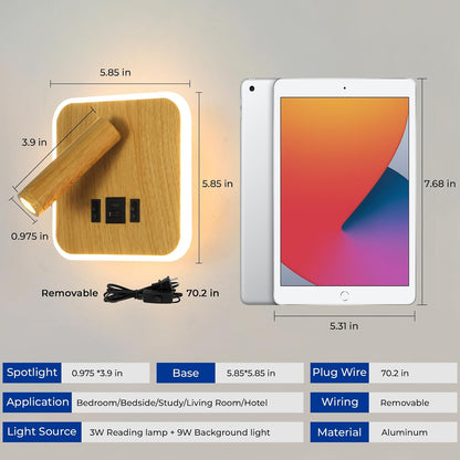 Plug in Wall Sconce with Wall Mounted Reading Lights with Switch | Wall Lamp for Bedroom with Charging Station USB C+A Ports,Bunk Bed Lights with 3W+9W Night Light,Walnut Color Reading Light