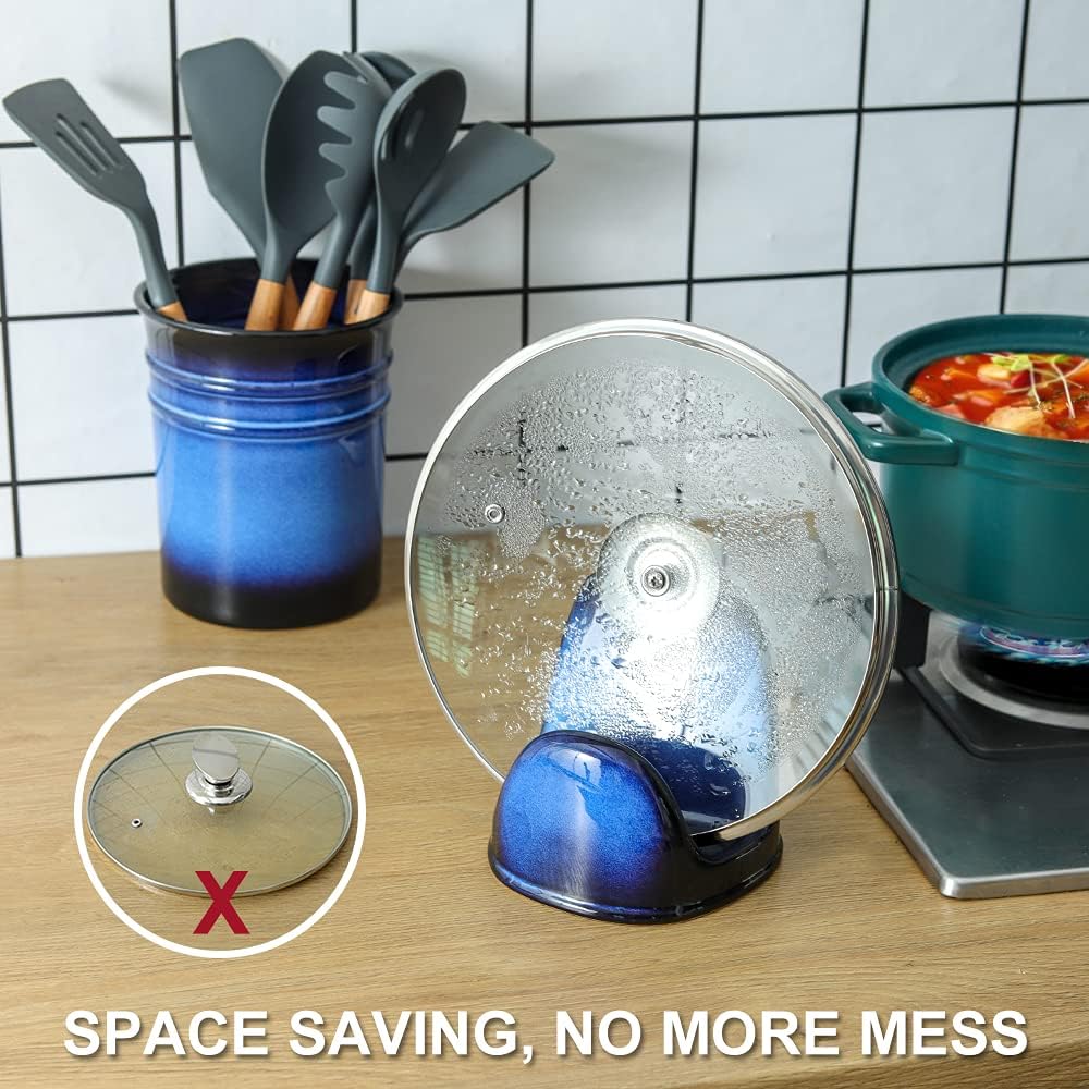 Nihow Ceramic Pot Lid Holder While Cooking for Kitchen Counter/Stove Top | Blue,Stable, Dishwasher Safe, Keep Counter Top Tidy and Clean,Water Proof,Saving Space,Heat Resistant