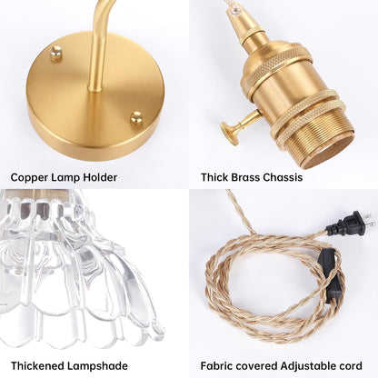Shenmoyl Battery Operated Wall Sconce Wall Lamp with Green Lily of the Valley Shade Pattern Glass Adjustable Chain Retro Gold Wall Mounted Light, Modern Wall Lamp Fixtures Decor for Bedside Bedroom