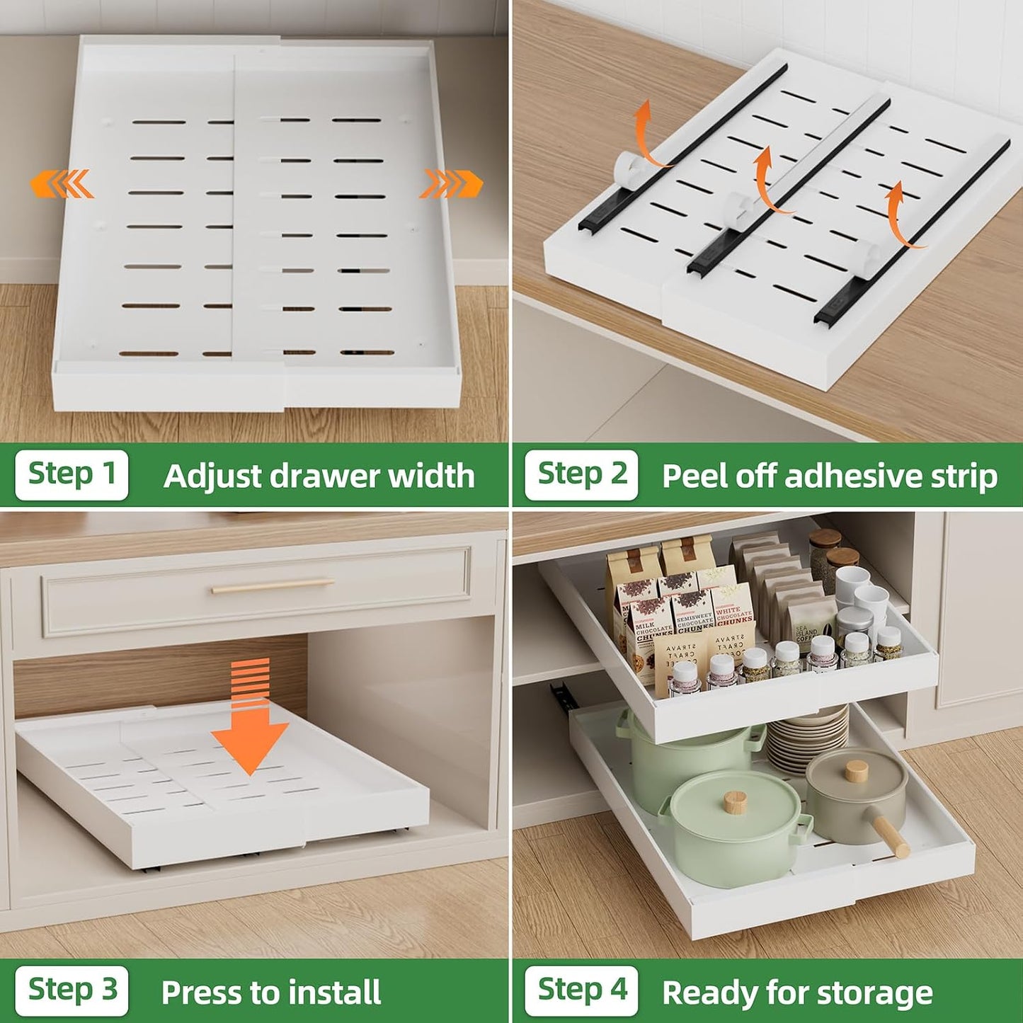 PAKETA 4 Pack Expandable Pull Out Cabinet Organizer,21" Deep | Pull Out Drawers for Cabinets with width from 12" to 20",Sliding Drawers for Cabinets with Upgrade 3 Slide Rails,hold 65 lbs
