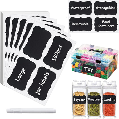 200PCS Chalkboard Labels, 13 Shapes & 3 Sizes, Reusable Blackboard Stickers | Includes 1 Liquid Chalk Marker, for Pantry Jars, Food Containers, Spice Racks & Organization