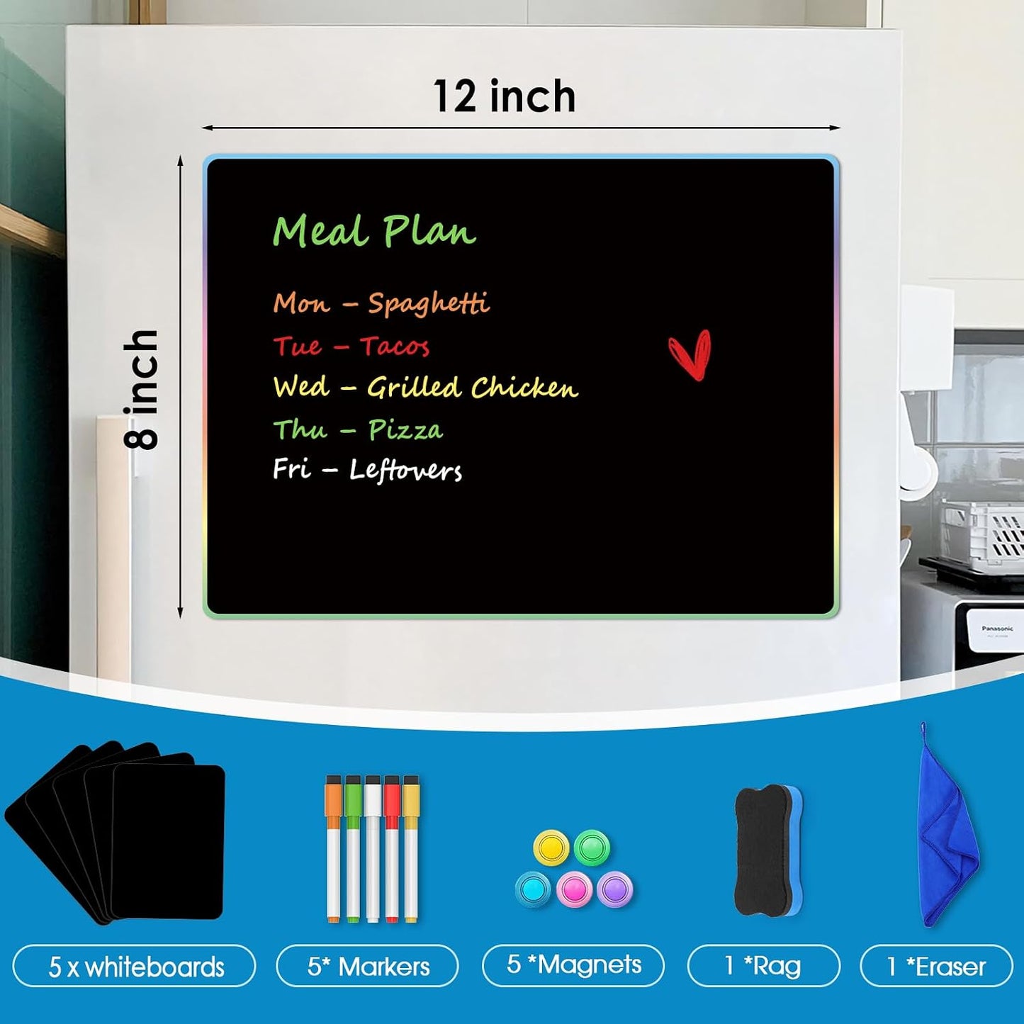 MaxGear Magnetic Whiteboard for Fridge 12x8 White 5 Pack | Strong Magnet, Dry Erase, Reusable, Easy Clean, Stain Resistant, Meal Planner, Grocery List, Family Notes, Kitchen Organizer