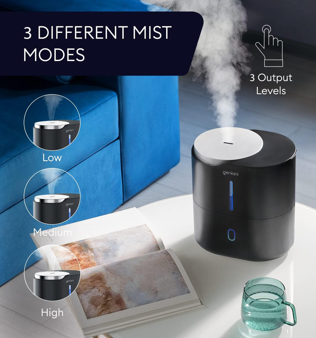 GENIANI Cool Mist Air Humidifiers for Bedroom, Plants, and Large Rooms - Quiet Humidifiers for Baby Room with Auto Shut Off & Night Light (3.9L, White)