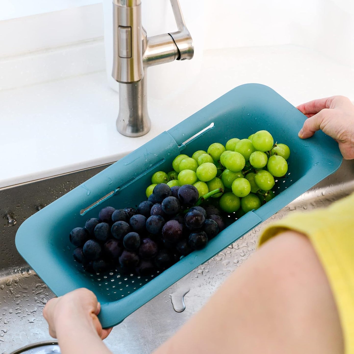 Blue Ginkgo Over Sink Colander, Extendable Kitchen Strainer, Grey | Fits Most Sinks. Rinse, Drain and Dry with Ease.