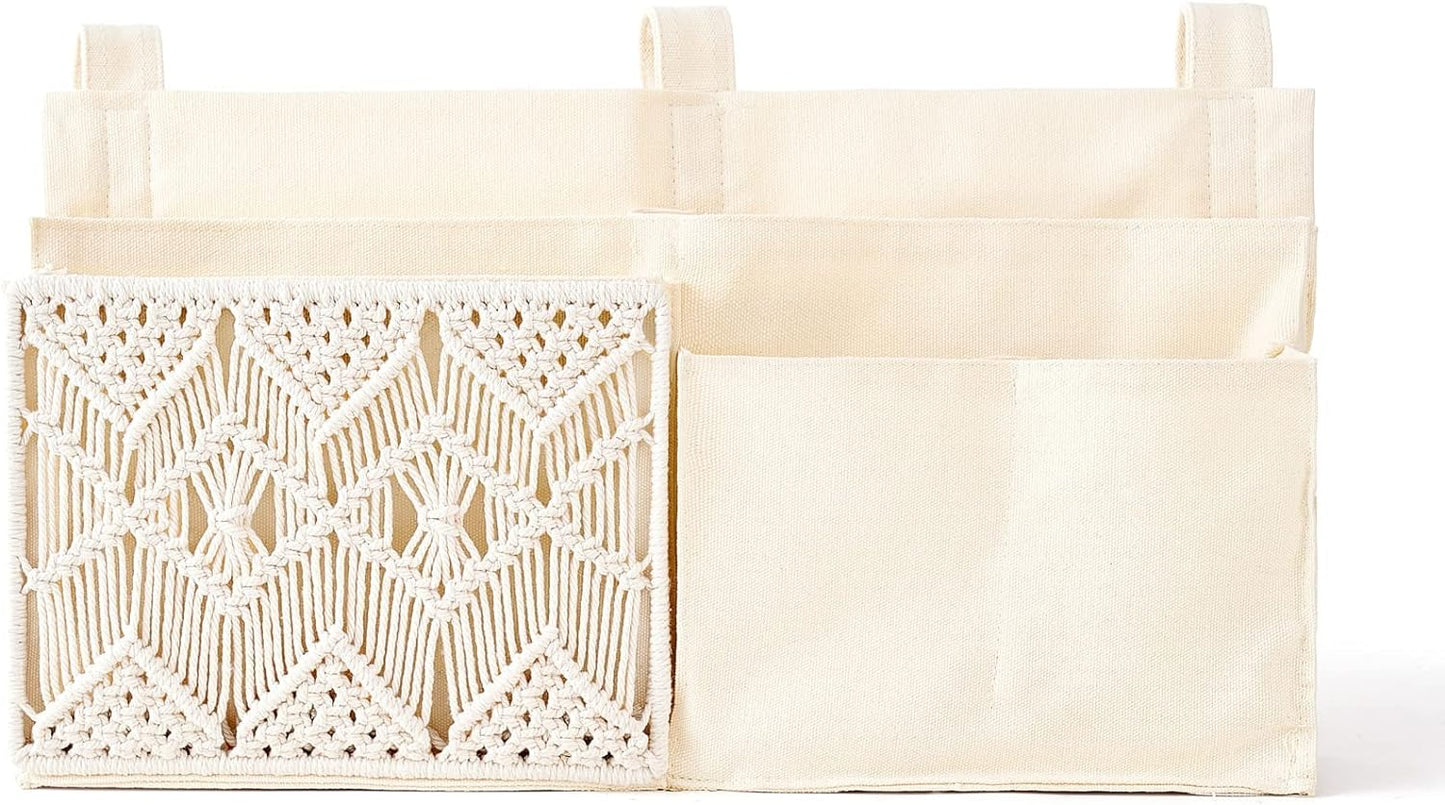 Mkono Bedside Caddy, Macrame Bunk Bed Hanging Organizer, 7 Pockets Ivory | Dorm Room Essentials, Boho Storage Bag, Remote Books Magazines Phone Snacks Drinks Holder, Bedroom Nursery Loft Baby Bed Rail