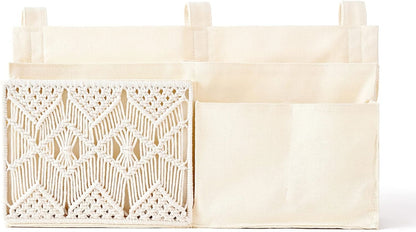 Mkono Bedside Caddy, Macrame Bunk Bed Hanging Organizer, 7 Pockets Ivory | Dorm Room Essentials, Boho Storage Bag, Remote Books Magazines Phone Snacks Drinks Holder, Bedroom Nursery Loft Baby Bed Rail