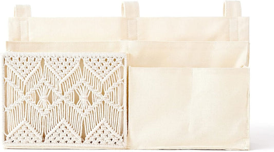 Mkono Bedside Caddy, Macrame Bunk Bed Hanging Organizer, 7 Pockets Ivory | Dorm Room Essentials, Boho Storage Bag, Remote Books Magazines Phone Snacks Drinks Holder, Bedroom Nursery Loft Baby Bed Rail