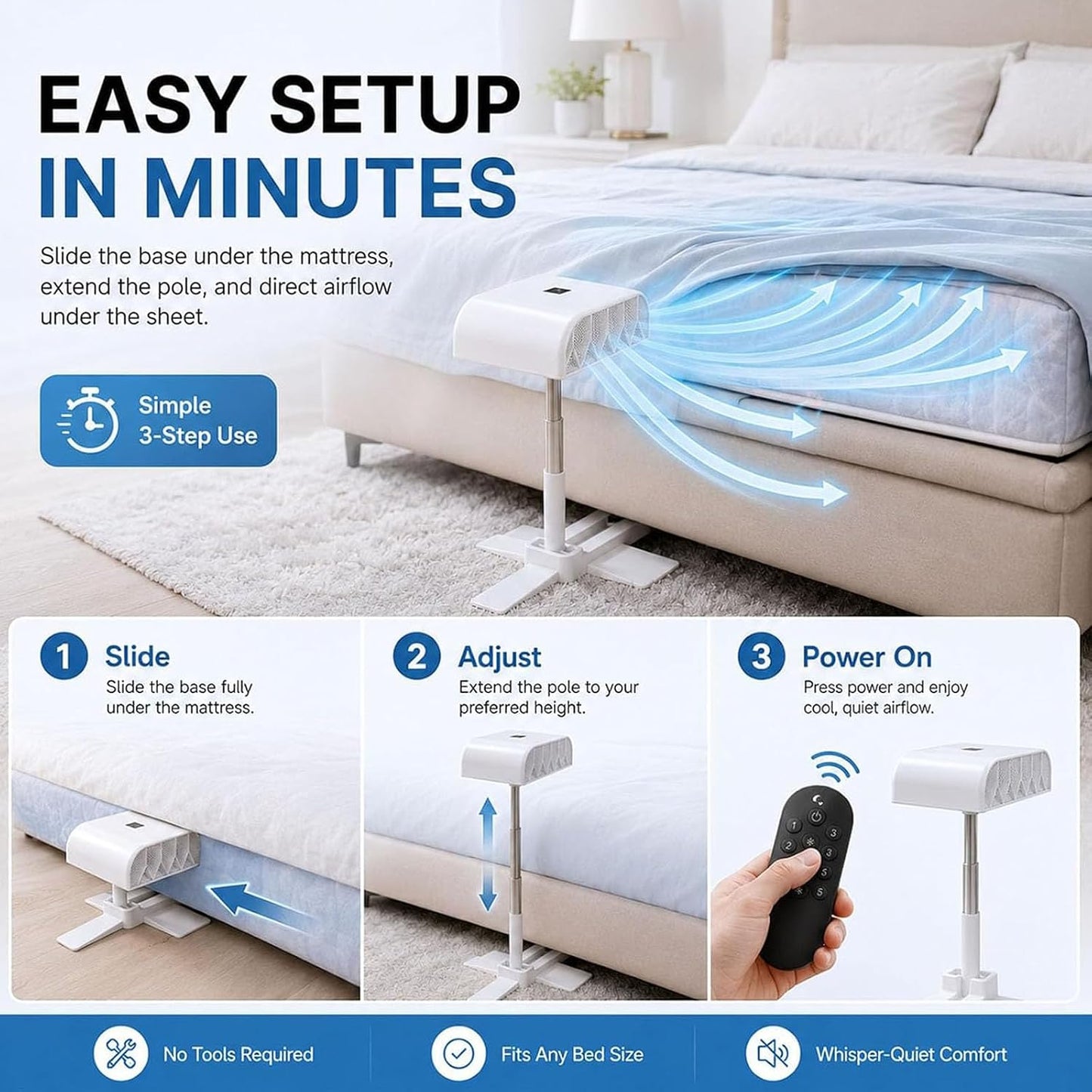 Adjustable Breeze Bed Cooling Fan, Quiet Bed Fans For Cooling And Sleep Under Sheets, Midnight Bed Cooling System for Hot Sleepers, Ideal Summer Gift, Suitable for Low Beds & Standard Beds (white)