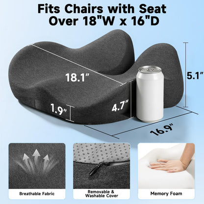 Office Chair Cushion Tailbone Pressure Relief Long Sitting Comfort Large | Ergonomic High-Density Memory Foam Seat Cushion,Removable Washable Cover for Long Hours of Desk Sitting,Dark Gray
