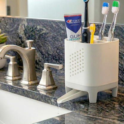 Toothbrush Holder for Bathroom Counter – Self Draining Toothbrush Organizer | Detachable Funnel for Electric & Manual Toothbrushes – Family Toothpaste Holder Set