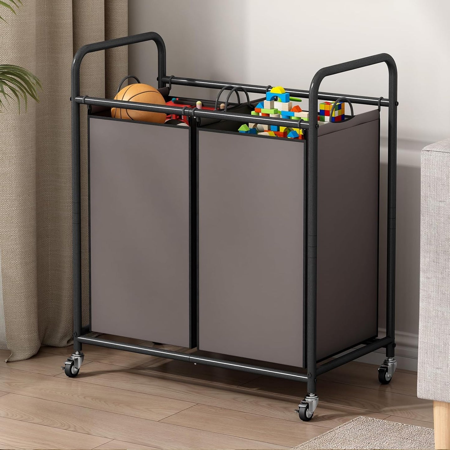 SUOERNUO Laundry Hamper with Lockable Wheels and 2 Removable Bags | Rolling Laundry Basket Laundry Sorter 2 section for Dirty Clothes in Laundry Room or Small Spaces, Grey+Beige