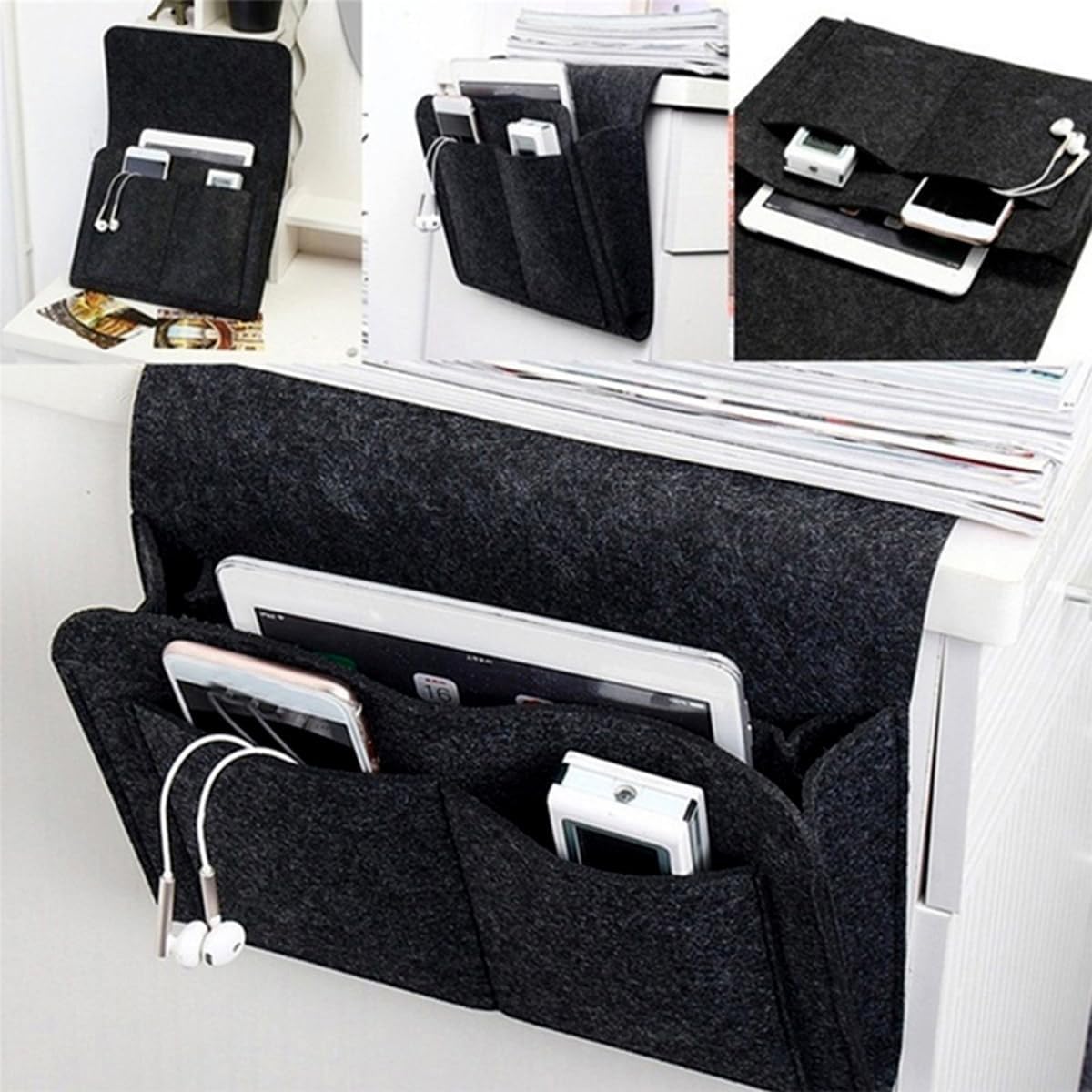 Bringsine 5 Pockets Bedside Caddy, Felt Bed Storage Organizer Hanging Bag Holder for Magazine Book Phone Tablet iPad Cables Remote and Glasses Holder Home Dorm Bed Sofa-Black