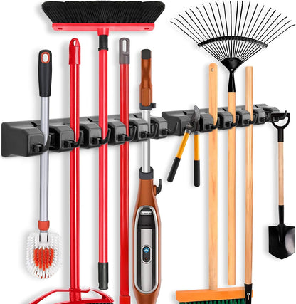 IMILLET 2 Pack Mop and Broom Holder, Wall Mount Organizer Storage Tool Rack | Broom and Mop Organizer Wall Hanging for Garage, Laundry Room, Garden, Utility, 5 Ball Slots and 6 Hooks(Black)