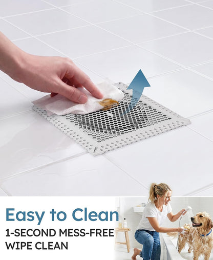 Square Shower Drain Hair Catcher, Anti-Clogging, Gray, 4 inch | Fast Drainage, Anti-Slip & Stays in Place, Stainless Steel & TPE Material, Easy Clean Fits Bathroom Hair Catcher for Shower