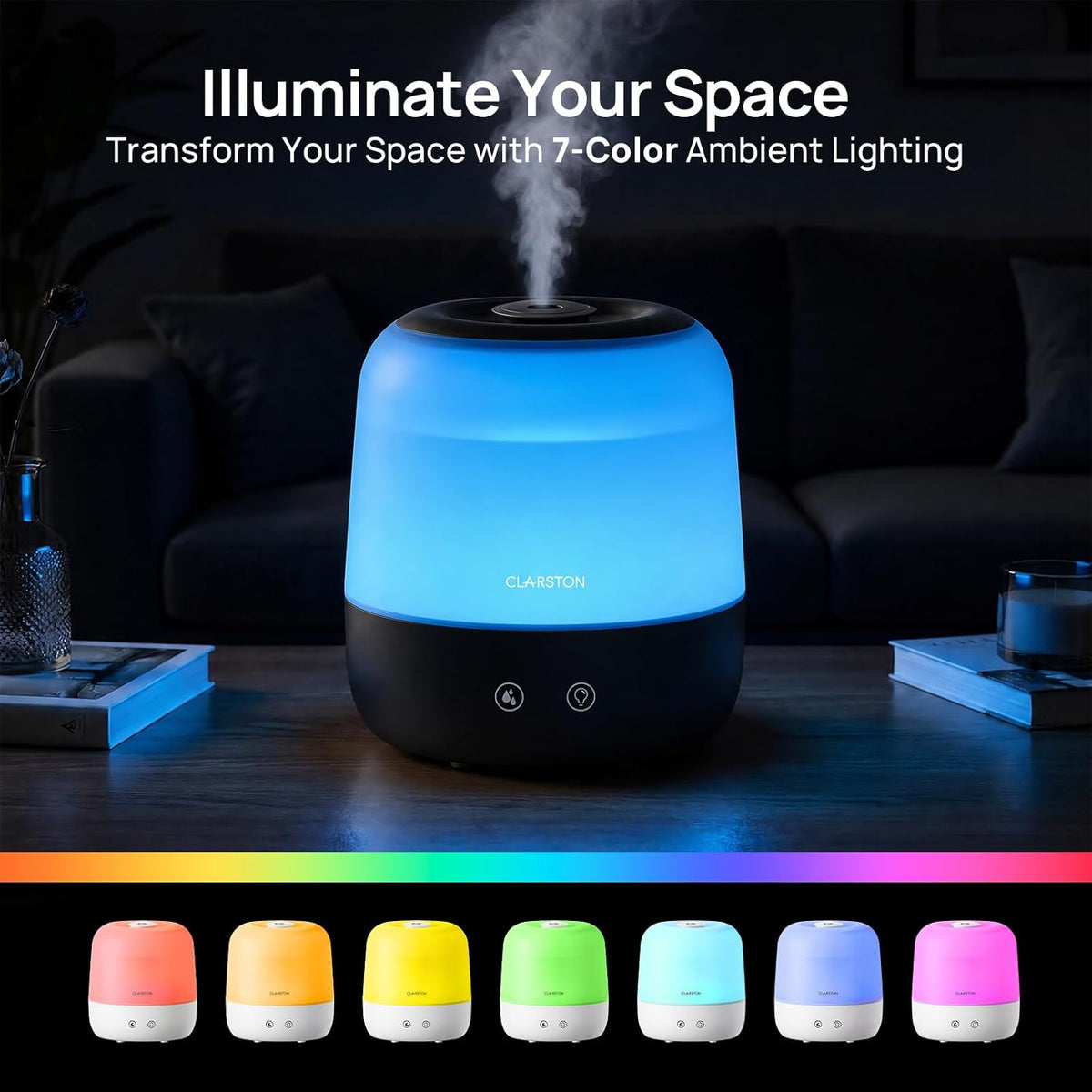 Clarston Humidifiers for Bedroom, 2L Cool Mist Humidifier, 24dB Quiet Sleep