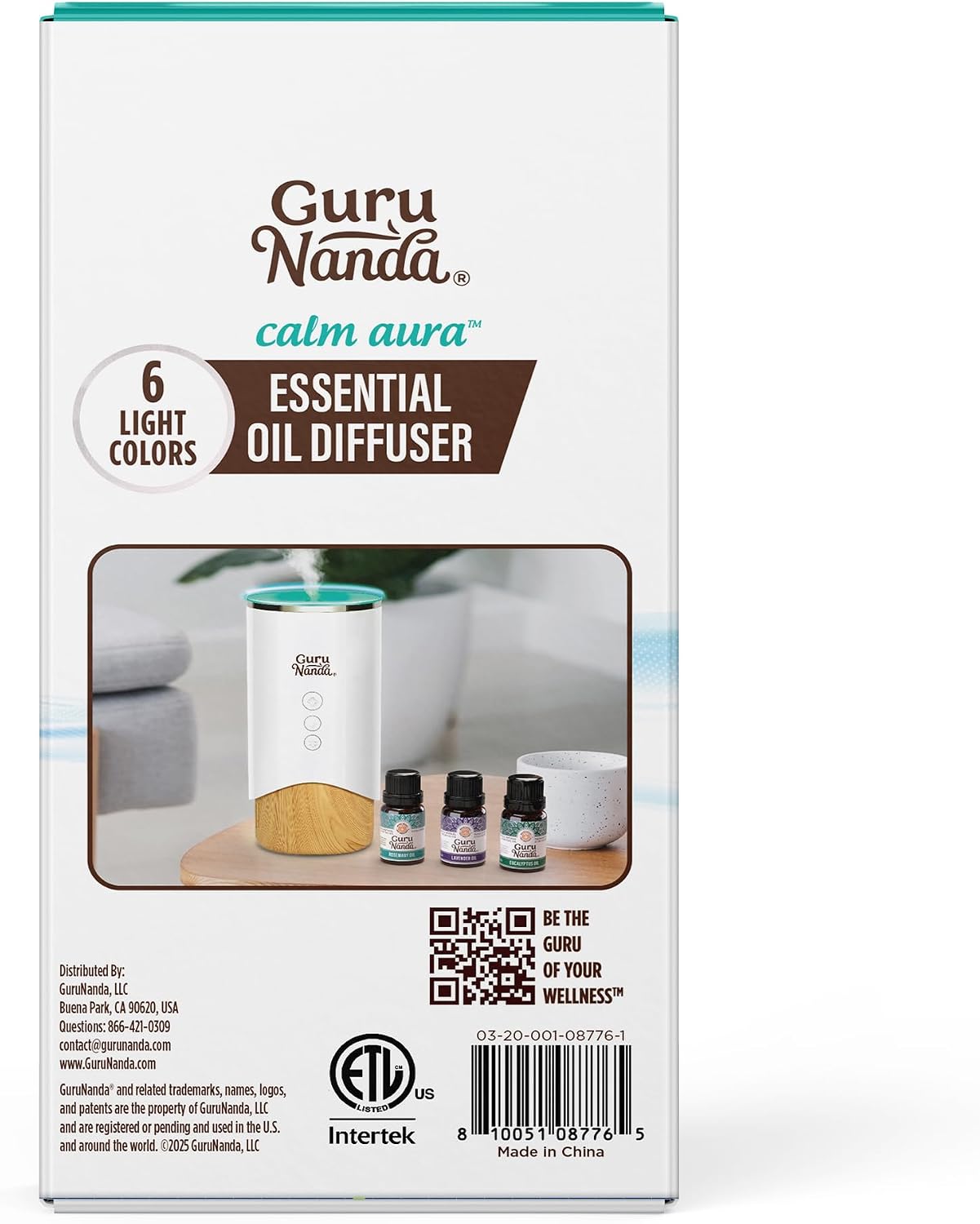 GuruNanda Calm Aura Essential Oil Diffuser, Sleek Modern Corded Electric Aromatherapy Diffuser with Turbo & Mist Modes, Auto Shut-Off Safety, Covers 250 Sq Ft, White, 100 ml