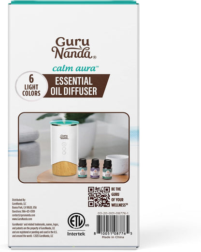 GuruNanda Calm Aura Essential Oil Diffuser, Sleek Modern Corded Electric Aromatherapy Diffuser with Turbo & Mist Modes, Auto Shut-Off Safety, Covers 250 Sq Ft, White, 100 ml