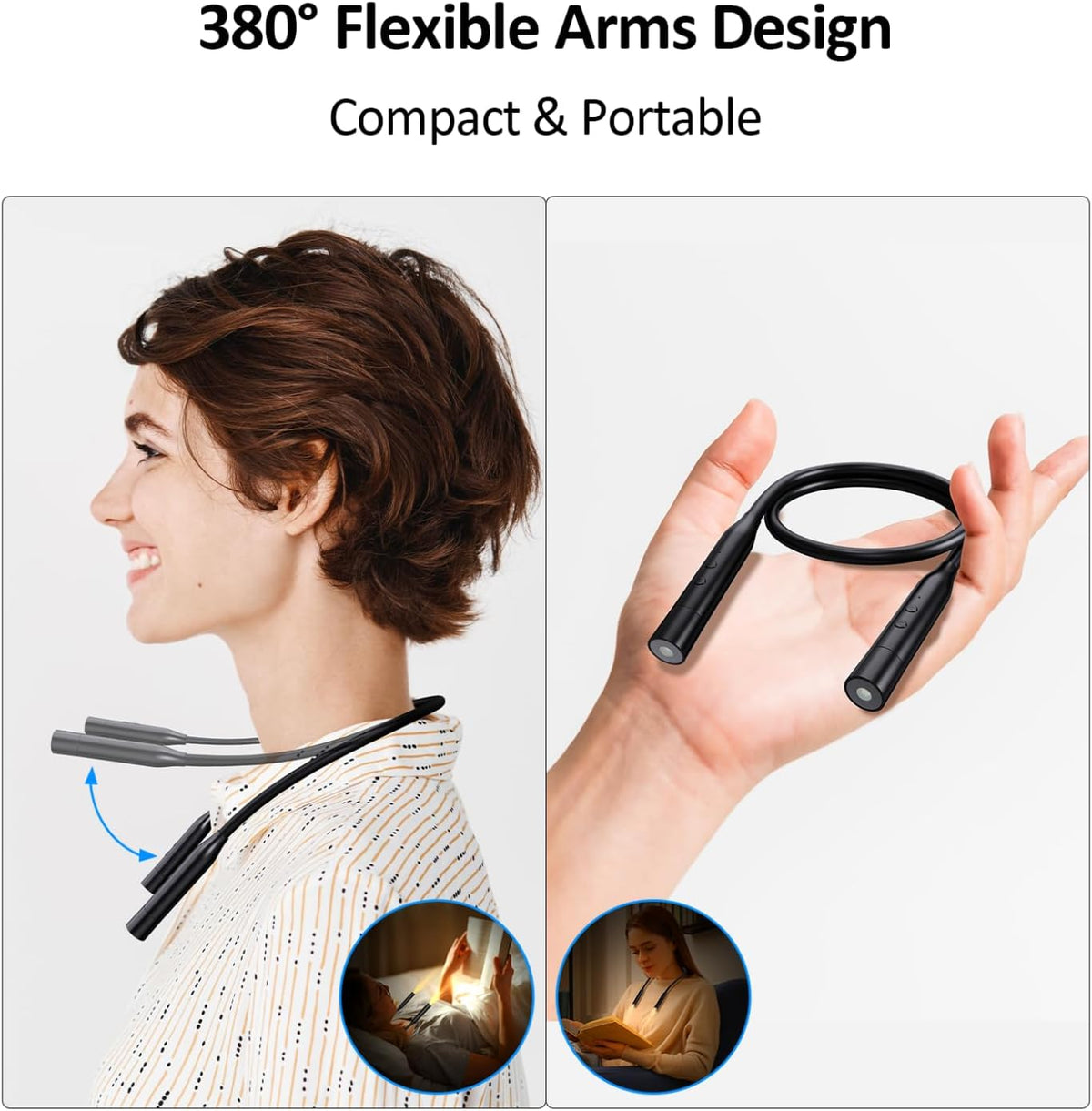 2 Pack Neck Book Lights, 3 Colors & 3 Brightness Levels, Flexible 380° Neck Light Rechargeable, LED Reading Lights for Books in Bed, 80 Hrs Lasting, Perfect for Reading, Knitting, Crafts, Repairs