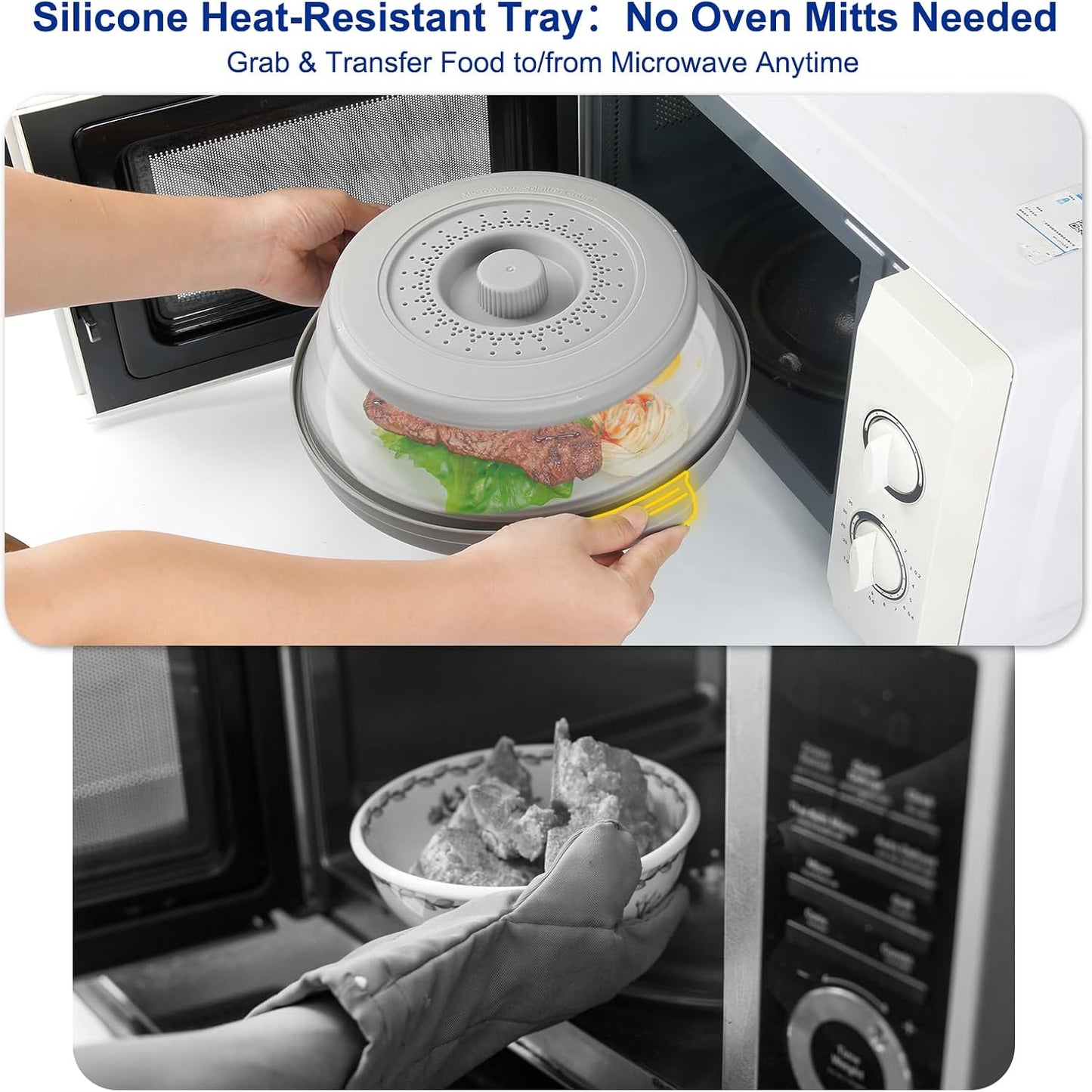 Microwave Splatter Cover for Food with Handle &Heat-Resistant Mat, 10.7" Collapsible Microwave Plate Cover - BPA Free, Dishwasher Safe Food Lid, Multi-Use Colander & Steamer for Meal Prep （Black）
