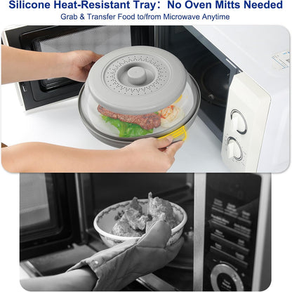 Microwave Splatter Cover for Food with Handle &Heat-Resistant Mat, 10.7" Collapsible Microwave Plate Cover - BPA Free, Dishwasher Safe Food Lid, Multi-Use Colander & Steamer for Meal Prep （Black）