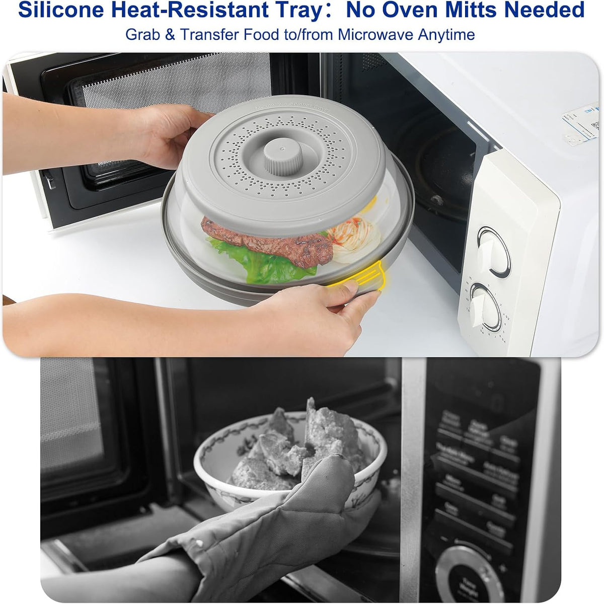 Microwave Splatter Cover for Food with Handle &Heat-Resistant Mat, 10.7" Collapsible Microwave Plate Cover - BPA Free, Dishwasher Safe Food Lid, Multi-Use Colander & Steamer for Meal Prep （Black）