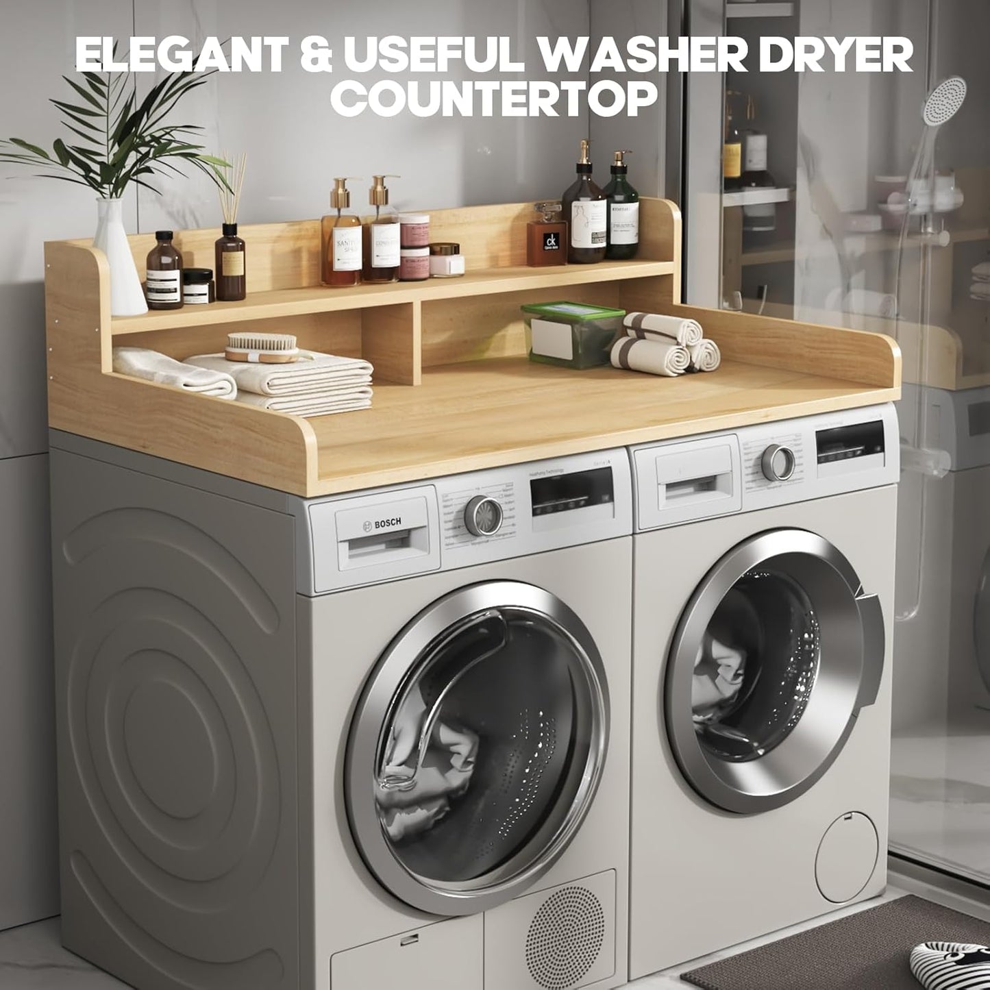 2-Tier Washer and Dryer Countertop with 2.75" H Guard,54" W x 27.5" D Laundry Countertop Cover with Non-Slip Pad,Large Space Laundry Topper for Folding Clothes Over Washer and Dryer-White