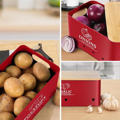 Kitchen Vegetable Storage Set of 3, Metal Onion Garlic Potato Storage Set, Kitchen Canisters Vegetable Keeper Containers with Aerating Holes and Bamboo Lid,Black