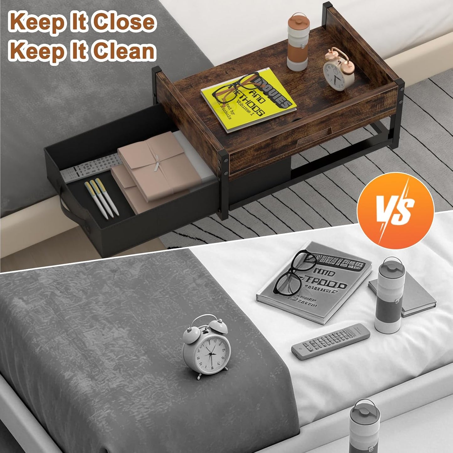 2 Tier Bedside Shelf, Clip on Bedside Caddy Organizer for Dorm Bunk Beds | Floating Nightstand Bed Side Table Storage with Fabric Drawer, Bunk Bed Accessories Bedside Tray for College, Back to School