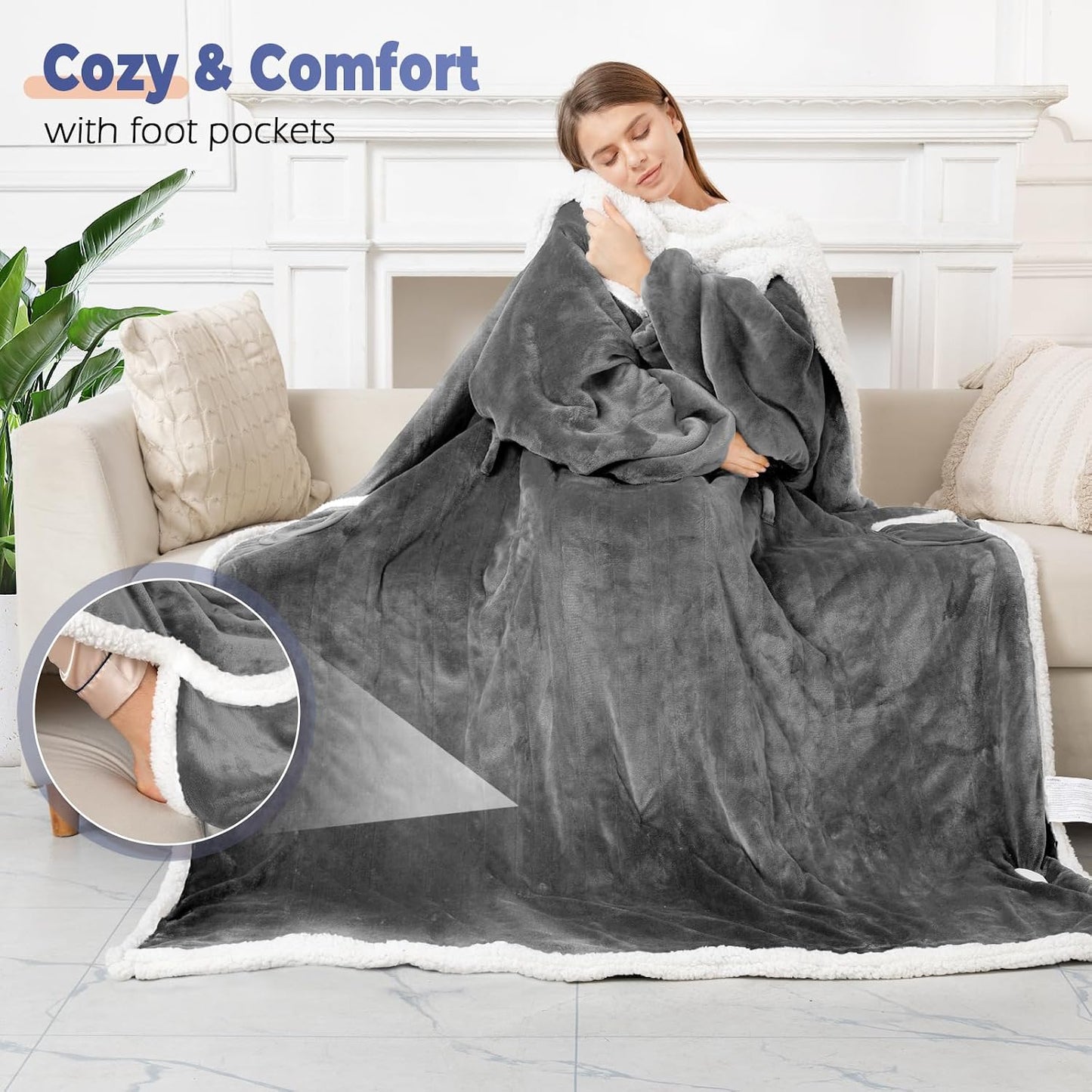 Wearable Heated Blanket with Foot Pocket, Electric Wearable Throw Blanket with Sleeves, Hood, Portable Heated Blanket with 8 Heat Settings, 1-10 Hours Auto Shut-off, Gift for Family, Friends, 50*70"