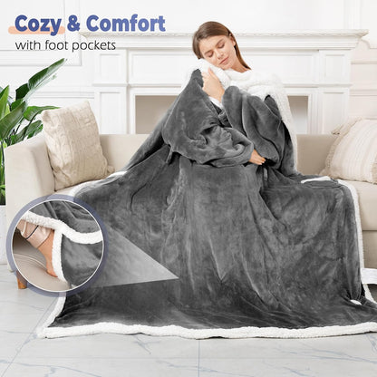 Wearable Heated Blanket with Foot Pocket, Electric Wearable Throw Blanket with Sleeves, Hood, Portable Heated Blanket with 8 Heat Settings, 1-10 Hours Auto Shut-off, Gift for Family, Friends, 50*70"