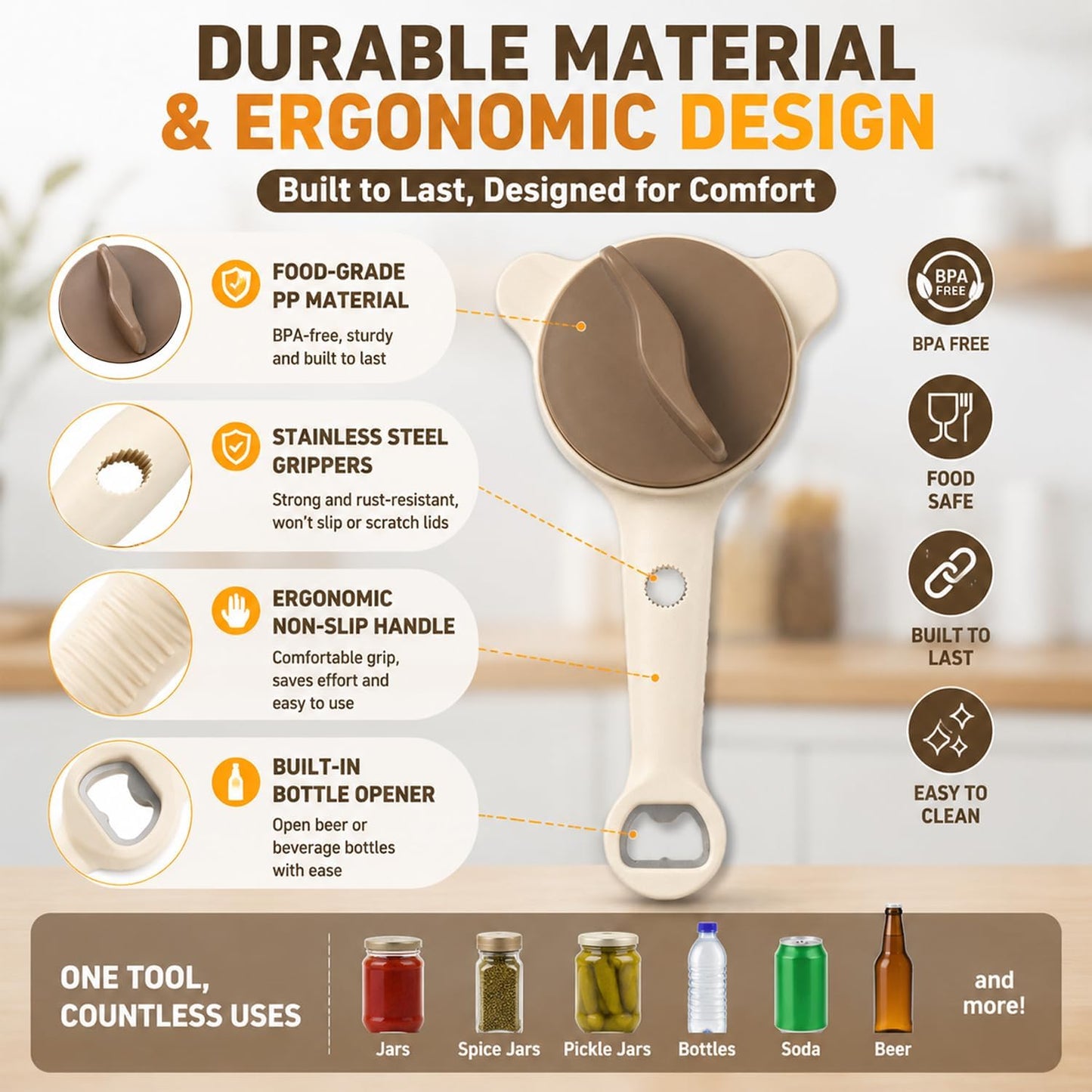 4-in-1 Jar Opener for Weak Hands & Arthritis, Adjustable Lid Opener | Non-Slip Stainless Steel Can & Bottle Opener for Jars, Cans & Bottles, Easy Grip Kitchen Tool for Seniors