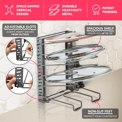 Free-Standing Adjustable Pot Lid Organizer for Cabinet - Kitchen Storage Rack 6 Adjustable Shelves, Pot Lid Holder, Pan and Pot Rack Organizer, Pantry & Inside Cabinet Organizer (13” Clearance)