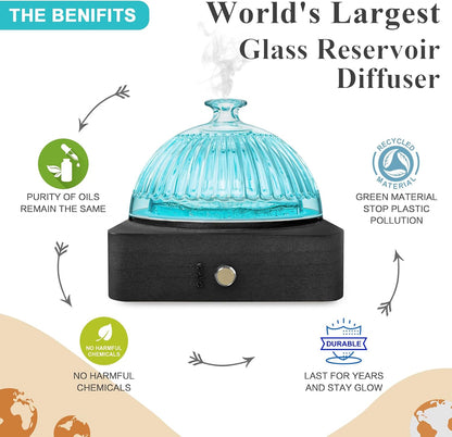 Glass Dome Essential Oil Diffuser with Glass Reservoir & Wood Base-No Plastic, 200ml Ultrasonic Diffuser for Aromatherapy with Timer 7 Color Light Auto-Off for Home Office Yoga Pilates