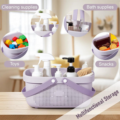 JiatuA Plastic Storage Basket with Handle Portable Shower Caddy Tote Organizer Basket Bin for Bathroom Kitchen Dorm Room Bedroom, Green | Sturdy Drainage Large Capacity Organizer Basket with Silicone Handles for Bathroom Kitchen Bedroom College Dorm