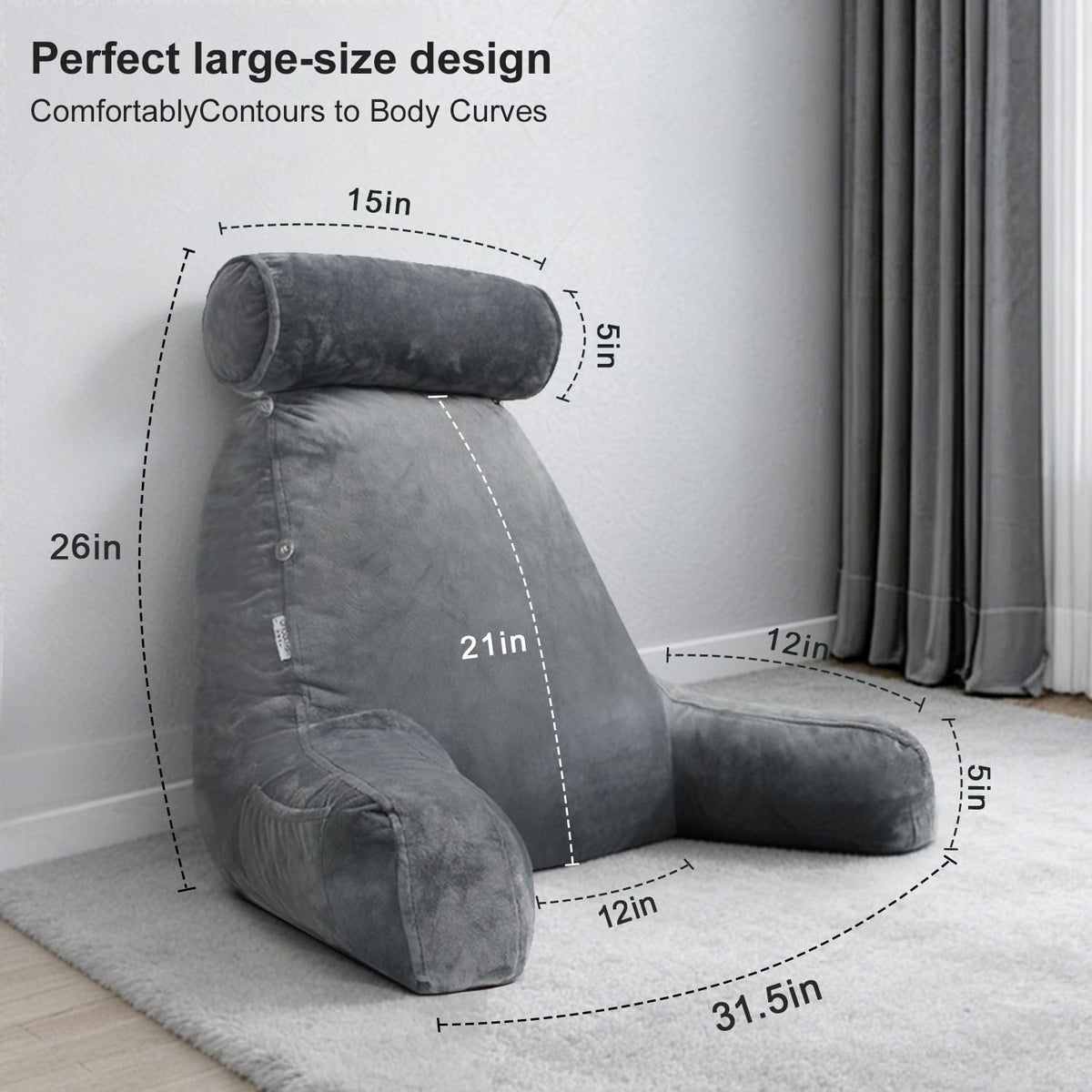 26" Reading Pillow for Sitting Up in Bed, Backrest with Arms