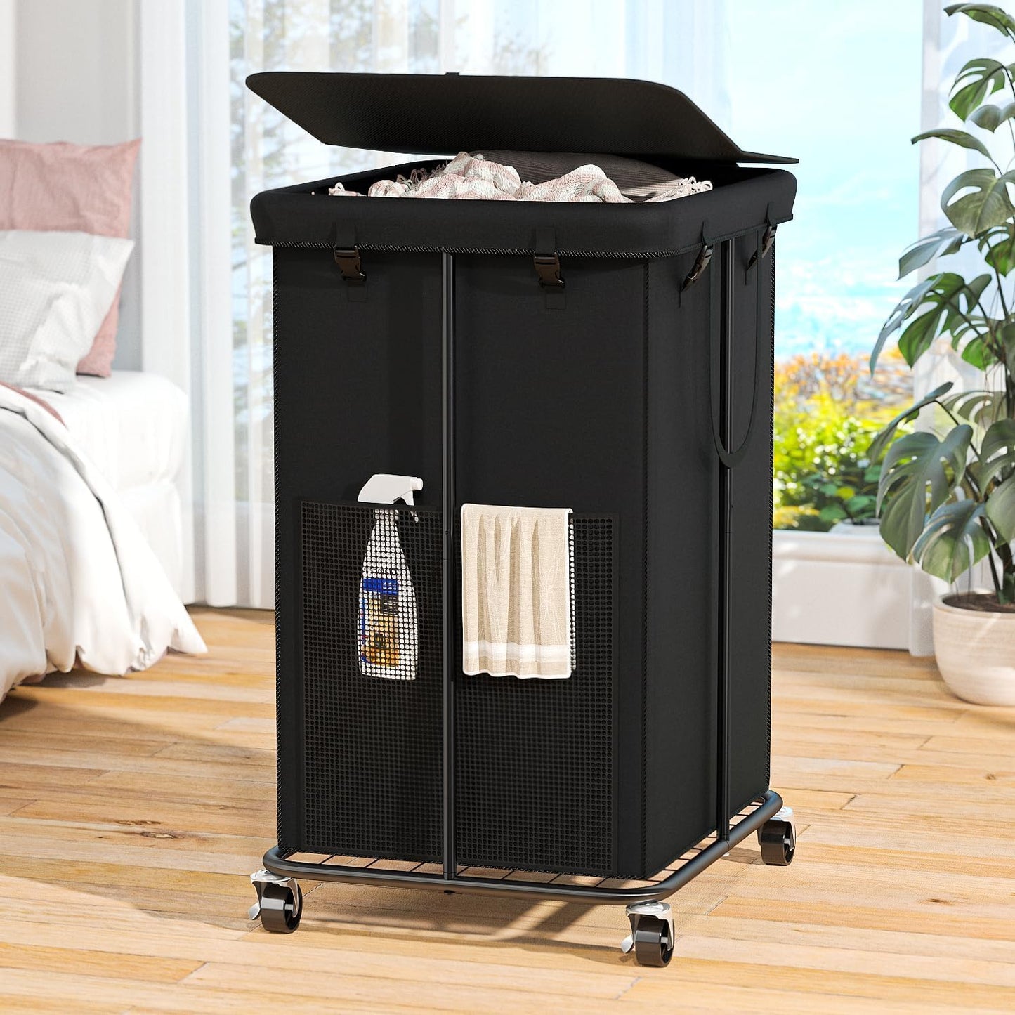 Laundry Hamper with Wheels, 150L Rolling Laundry Basket with Bag & Handles | Sturdy Metal Frame | Removable Bag | Large & Tall Dirty Clothes Hampers for Laundry Room, Bedroom, Dorm, Bathroom-Black