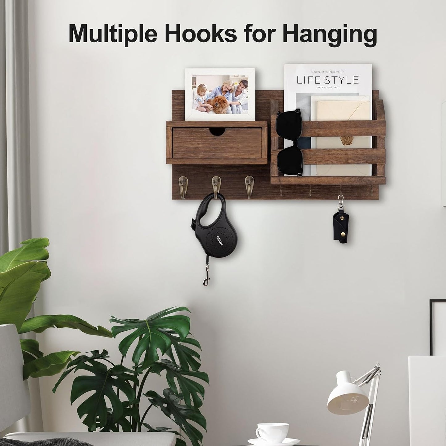Lwenki Wall Mount Key Holder with Mail Organizer, 100% Paulownia Wood, 7 Metal Hooks, Storage Drawer, Entryway Home Decor (Brown)