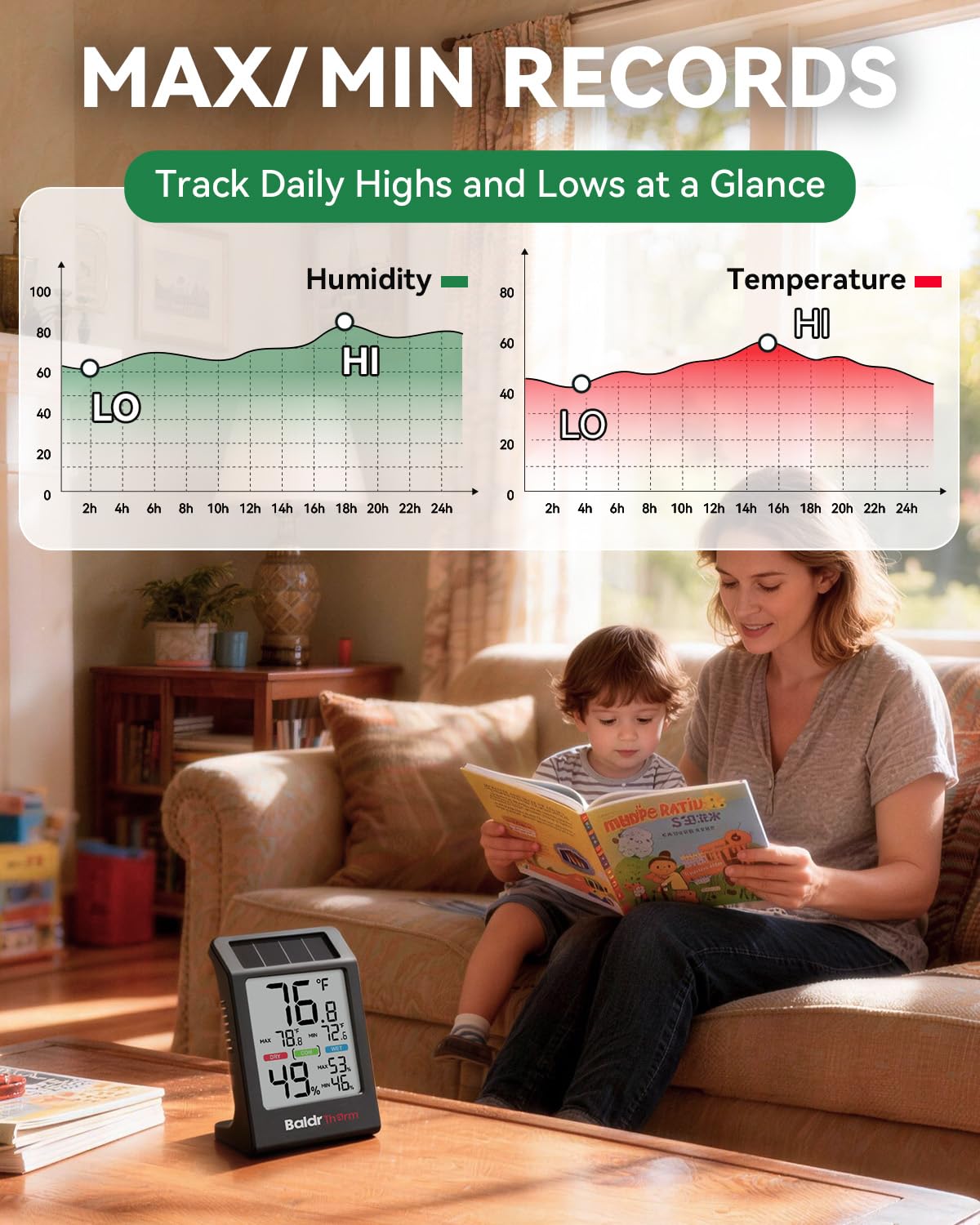 BALDR Solar Indoor Thermometer Hygrometer, Max/Min, Comfort Meter (White) | Solar & Battery Dual Power |No Setup or App Required |Clear Comfort Level Indicator |Flexible Desk or Wall Placement