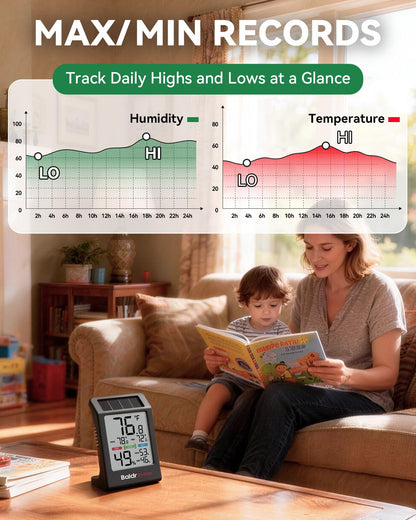 BALDR Solar Indoor Thermometer Hygrometer, Max/Min, Comfort Meter (White) | Solar & Battery Dual Power |No Setup or App Required |Clear Comfort Level Indicator |Flexible Desk or Wall Placement