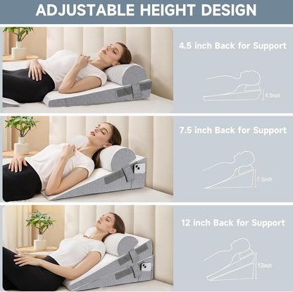 Bed Wedge Pillow for Sleeping, 3 Pcs Adjustable Height 4.5&7.5&12 Inch Triangle Pillow Wedge for Post Surgery, Acid Reflux, Snoring, Legs Pain Relief (Gray)
