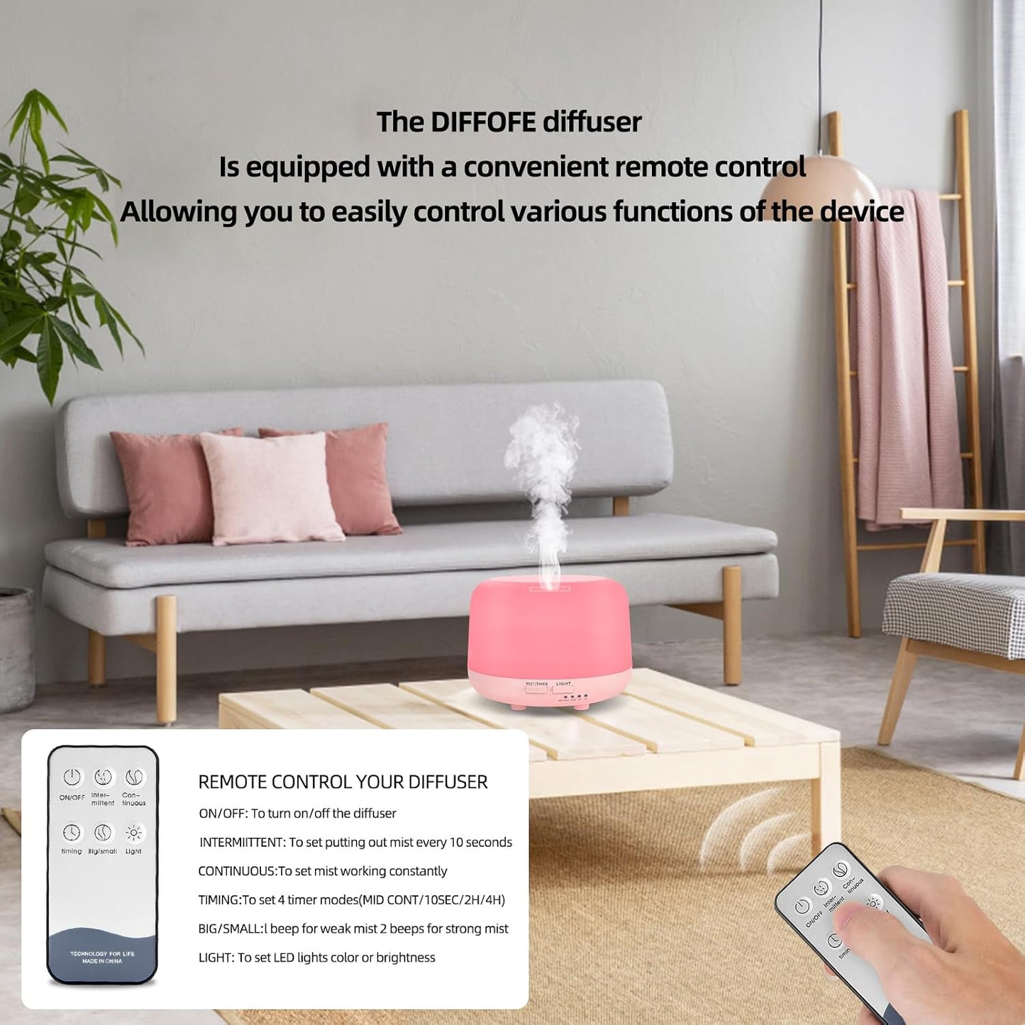 300ML Remote Control Air Diffusers for Essential Oil, Aroma Ultrasonic Scent Diffuser, Aromatherapy Humidfier Diffuser, 7 Color Changing LED Light, Auto-Off, Timer for Home, Room, Office, Kids