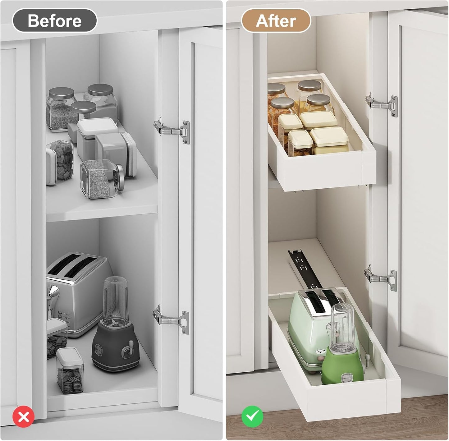 Fokyfok Pull Out Cabinet Organizer,23"-31"W,17"-24"D,Expandable,Adhesive | No Drill,5 Rails,Adjustable Slide out Drawers for Kitchen,Pantry,Roll out Shelves,Cabinets Without Lip,Framless,White,1PC