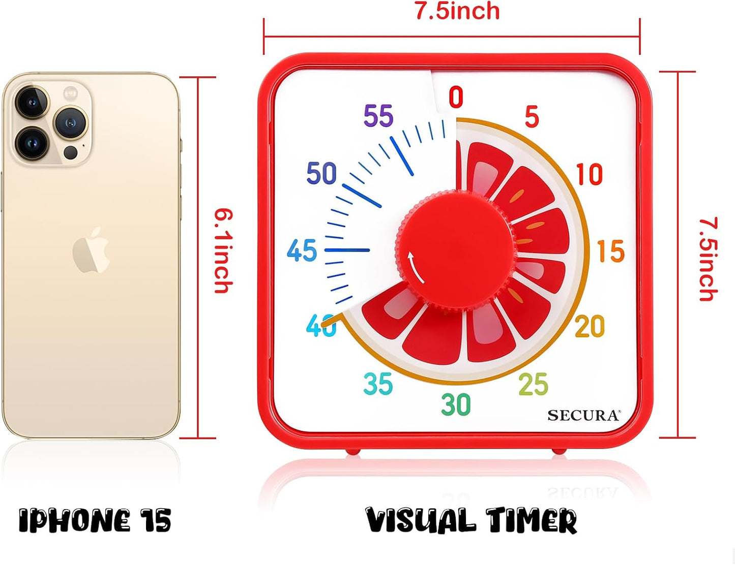 Secura 7.5-Inch Fruit Visual Timer for Kids, 60-Minute Countdown Timer for Classroom or Kitchen, Durable Mechanical Timer Clock with Magnetic Backing (Orange)