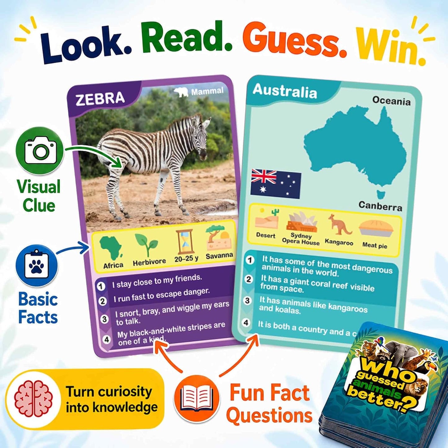Quokka Who Guess It Better Countries – Educational Game with Visual Clues, Geography Learning Card Set, 50 Cards, Screen-Free Travel Game for Kids Ages 6+