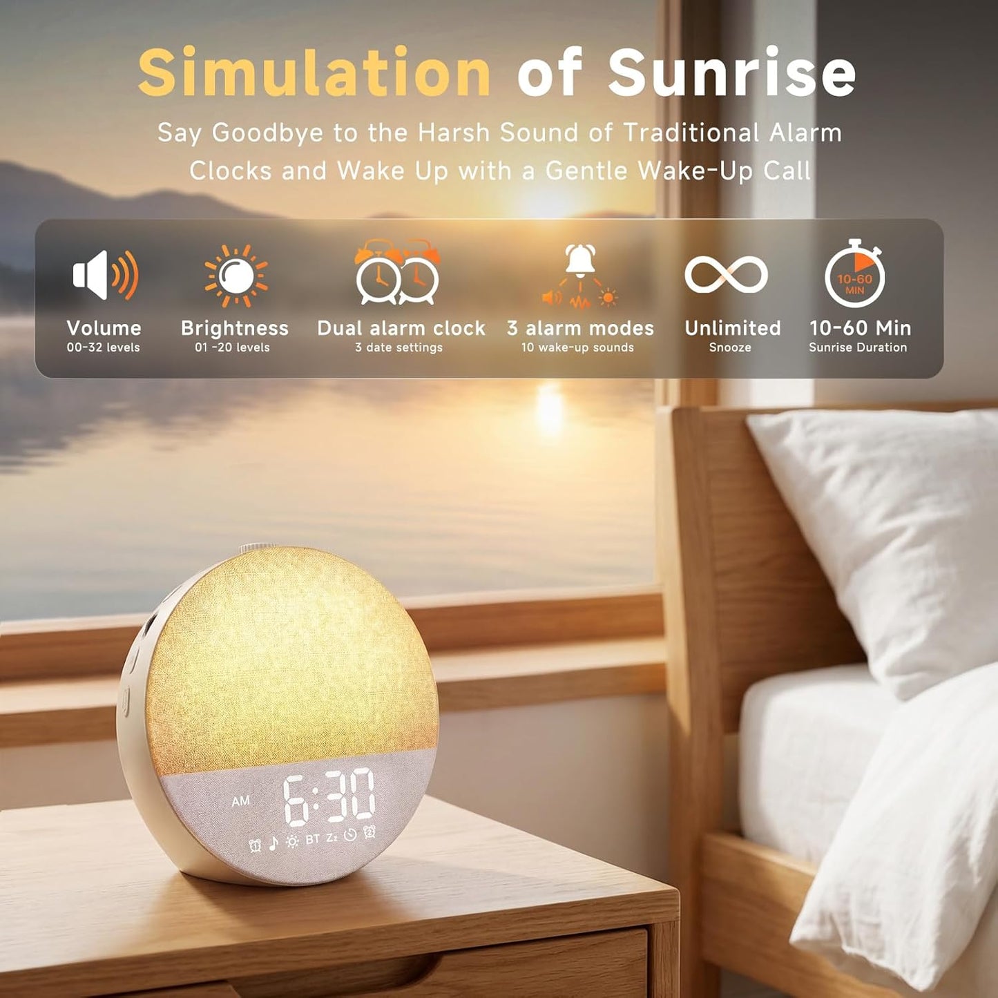 Geuuap Sunrise Alarm Clock, Natural Wake-Up Light White Noise Machine,Khaki | 30 Soothing Sounds, 17 Dimmable lights, Dual Independent Alarms, Bluetooth Speaker, Auto-off Sleep timer, Screen-Free Design