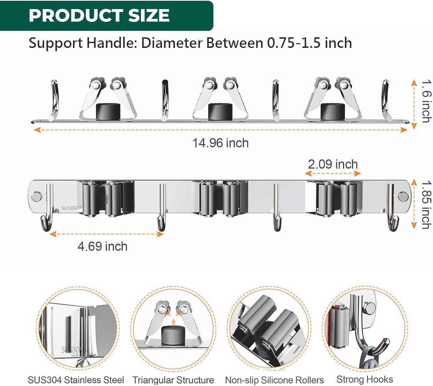 CUXIXA Mop and Broom Holder Wall Mount, Upgraded Broom Organizer Wall Mount, Stainless Steel Broom Hanger Wall Mount for Home Kitchen Garden Laundry Garage (3 Racks with 4 Hooks)