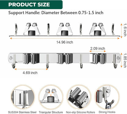 CUXIXA Mop and Broom Holder Wall Mount, Upgraded Broom Organizer Wall Mount, Stainless Steel Broom Hanger Wall Mount for Home Kitchen Garden Laundry Garage (3 Racks with 4 Hooks)