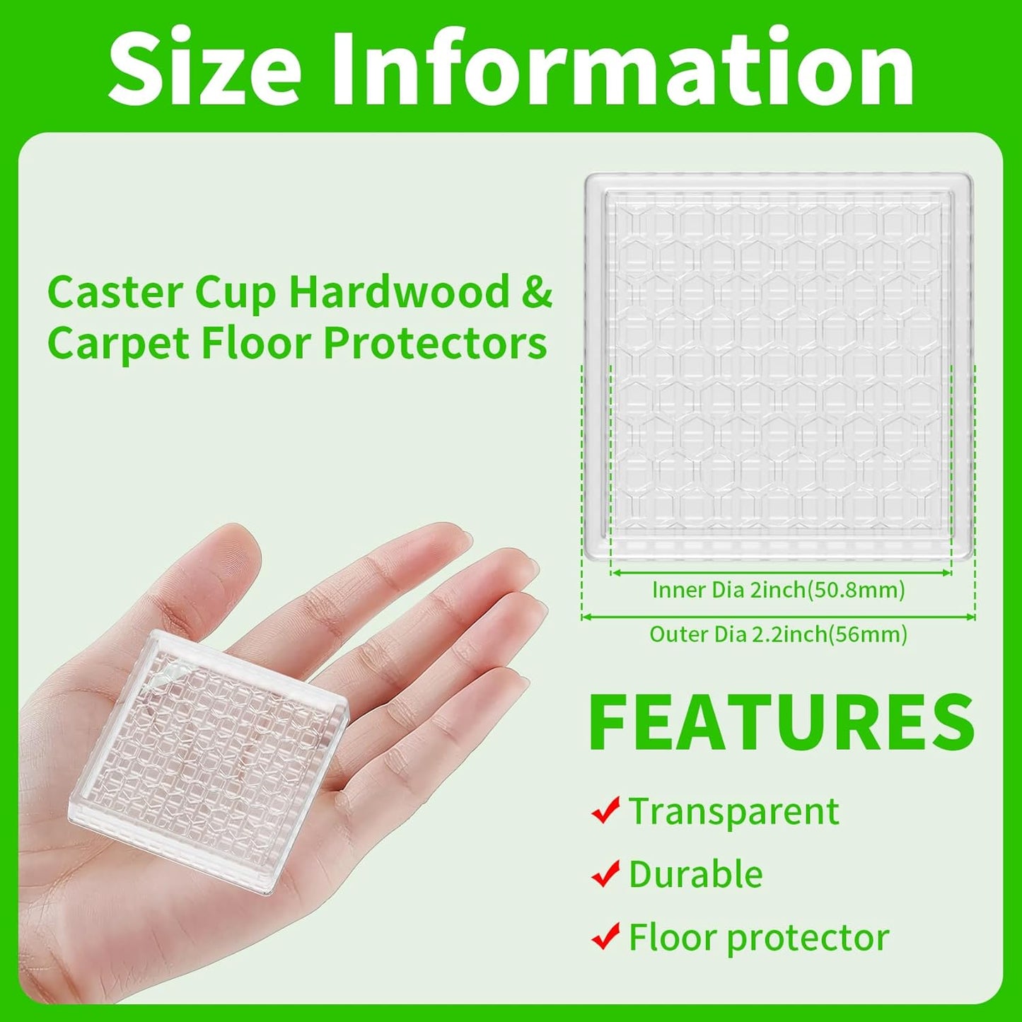 2" Square 12PCS Clear Non Slip Furniture Pads for Hardwood Floors Protector | Rubber Furniture Caster Cups, Chair Coasters for Carpet with Grip, Carpet Protector for Furniture Legs - Protect Any Flooring
